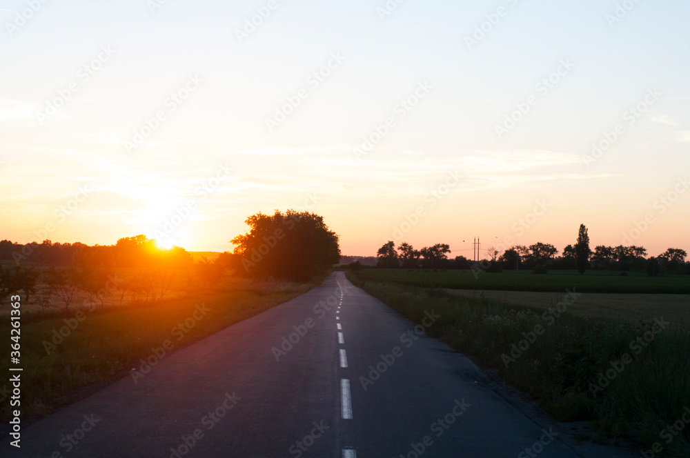 Asphalt road. Dividing strip. Summer sunset. Journey
