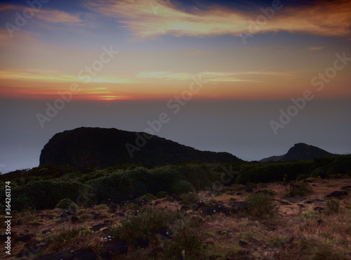 Sunset over Puspagiri mountain in India