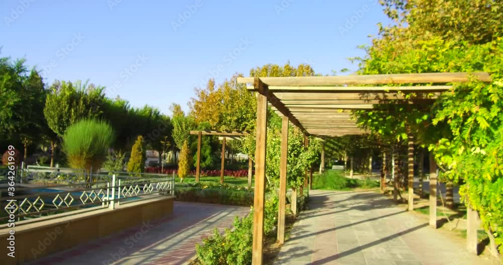 Karaj. IRAN. Hamoon Park, View of scaffolding and pond inside the park, PAN view C408 Karaj. IRAN. Hamoon Park, View of scaffolding and pond inside the park, PAN view C408