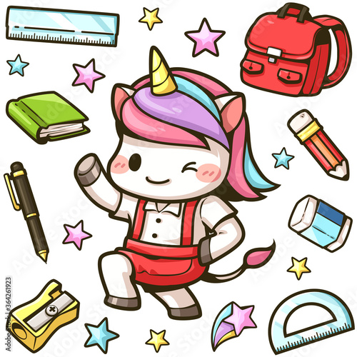 Set of cute cartoon little unicorns go to school and stationery isolated on a white background. Vector illustration.