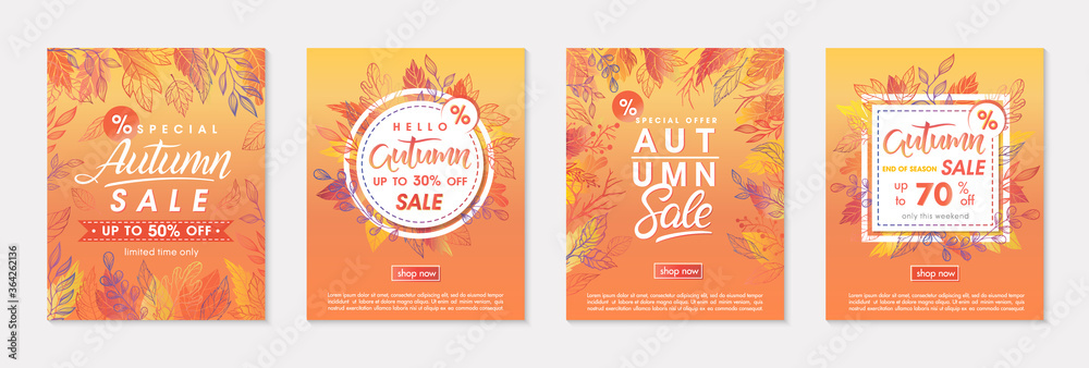 Bundle of autumn special offer banners with autumn leaves and floral elements in fall colors.Sale templates perfect for prints,flyers,banners, promotions.Business concept.Vector autumn promos.