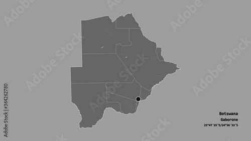 Kgatleng, district of Botswana, with its capital, localized, outlined and zoomed with informative overlays on a bilevel map in the Stereographic projection. Animation 3D photo