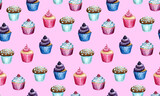Watercolor sweets, seamless pattern. Bright cupcakes. Delicious and tasty desserts. Hand drawn illustration for cafe or restaurant menu and decoration