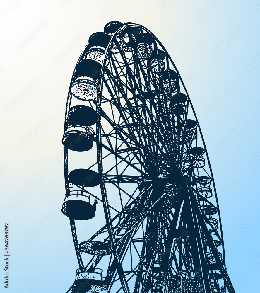 Vector drawing of silhouette survey wheel in a city amusement park