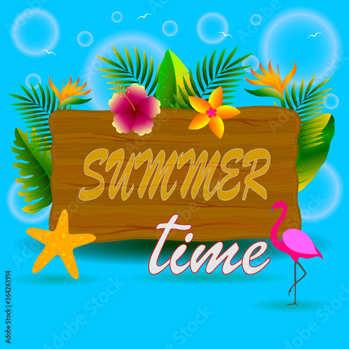 Summer time with tropical leaves background vector illustration