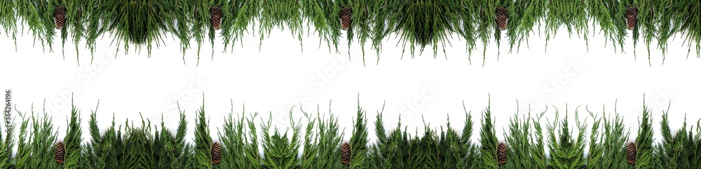 Fototapeta premium Festive Christmas border or banner (mock up, seamless pattern) on a white background with copy space for your text. Thuja green branches are decorated with cones.