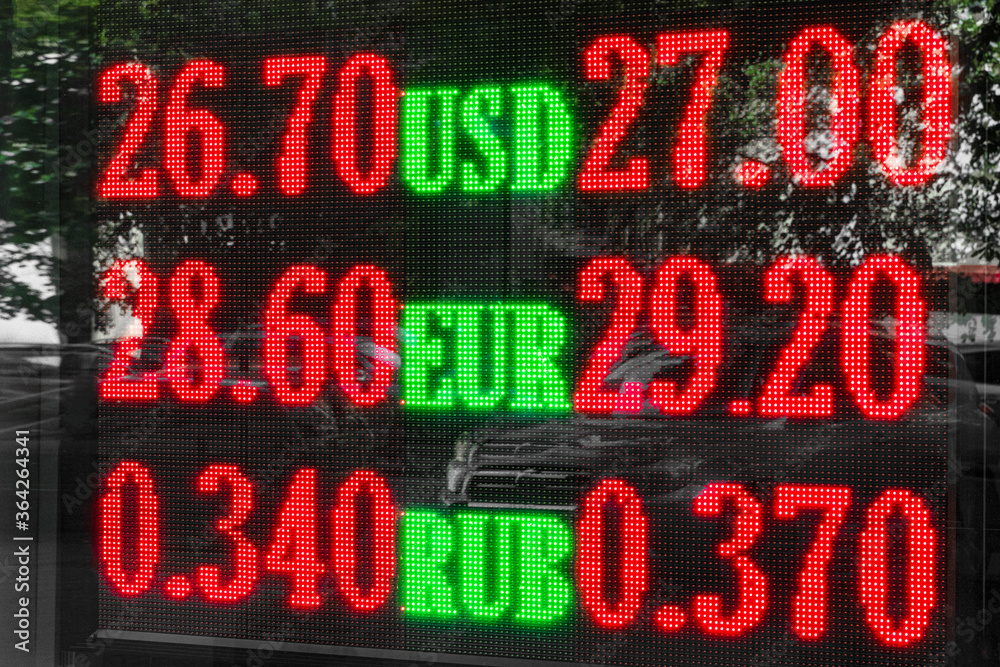 currency exchange scoreboard with USD EUR RUB currency exchange rates. LED scoreboard for information of currency exchange, close-up.