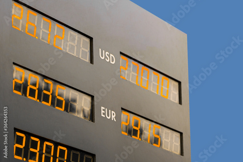 Currency exchanger, exchange rates on the scoreboard. Rate of foreign currencies on the LED scoreboard, close-up.
