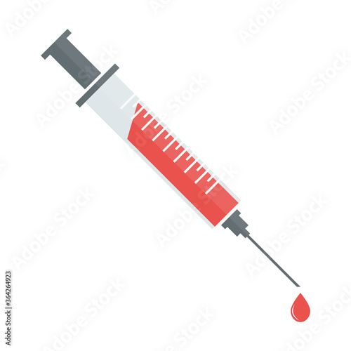 Flat Medical Syringe with red blood. Vector illustration. Donation. Blood sampling for analysis.