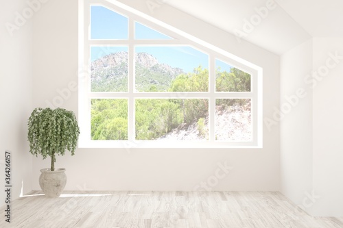 White empty room with summer landscape in window. Scandinavian interior design. 3D illustration © AntonSh