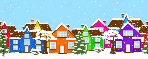 Seamless banner red houses and Christmas trees snow winter landscape vector illustration