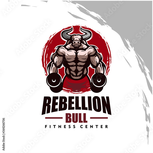 Bull with strong body, fitness club or gym logo. Design element for company logo, label, emblem, apparel or other merchandise. Scalable and editable Vector illustration