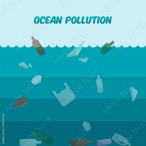 Ocean pollution with plastic waste. Ecology, environmental protection and disaster. Pollution trash on sea surface with plastic bottles, bags, wastes floating in water. Concept vector illustration.