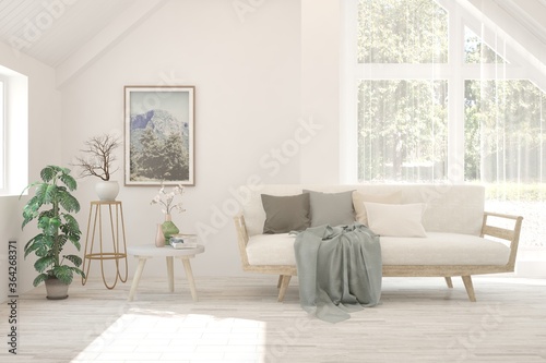 White living room with sofa. Scandinavian interior design. 3D illustration © AntonSh