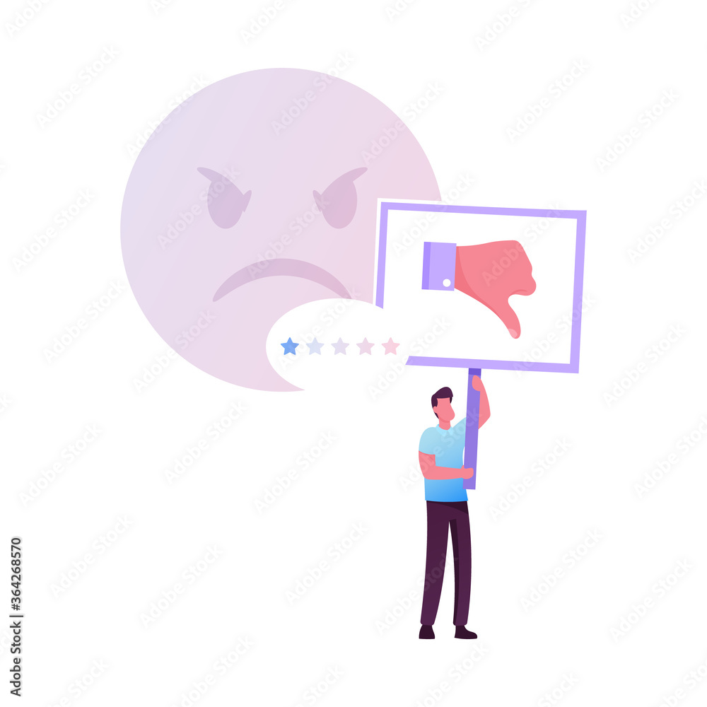 Claim Customer, Rating, Quality and Business Ranking Concept. Man Character with Thumb Down Put One Star for Bad Service. Client Review, Feedback, Low Satisfaction Level. Cartoon Vector Illustration Claim Customer, Rating, Quality and Business Ranking Concept. Man Character with Thumb Down Put One Star for Bad Service. Client Review, Feedback, Low Satisfaction Level. Cartoon Vector Illustration