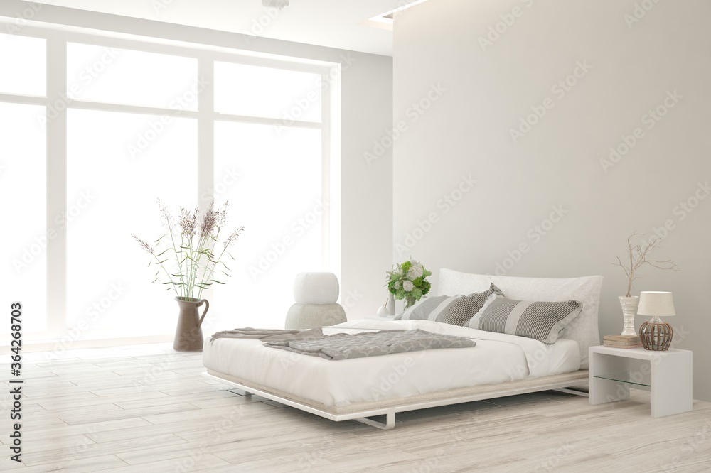 Fototapeta premium White bedroom interior. Scandinavian design. 3D illustration