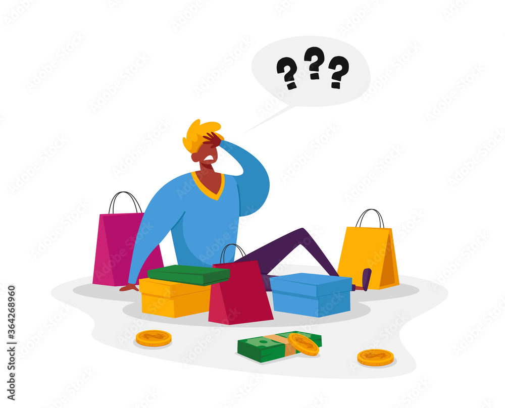 Young Man with Question Marks above Head Sitting with Colorful Shopping Bags. Male Character Shopping. Seasonal Sale, Discount, Shopaholic with Purchases in Paper Packs. Cartoon Vector Illustration Young Man with Question Marks above Head Sitting with Colorful Shopping Bags. Male Character Shopping. Seasonal Sale, Discount, Shopaholic with Purchases in Paper Packs. Cartoon Vector Illustration