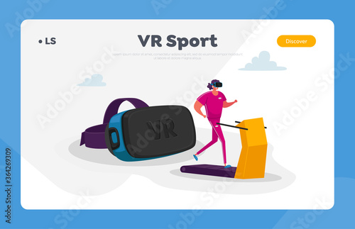 Virtual Sport Training Landing Page Template. Young Woman in Sports Wear and Vr Goggles Running on Treadmill. Augmented Reality GymRecreation, Female Character Exercising. Cartoon Vector Illustration