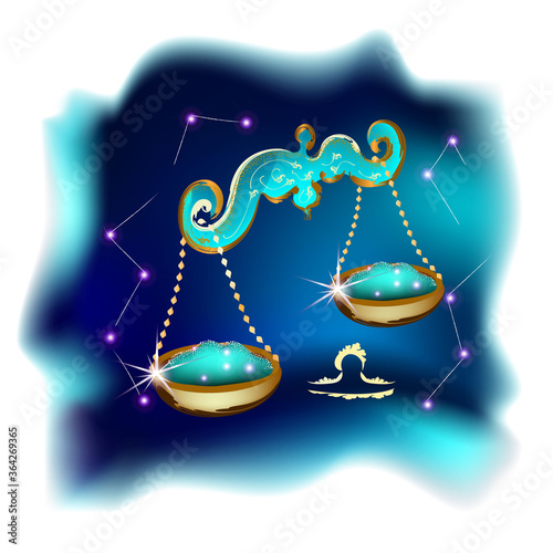 Modern magic witchcraft card with astrology Libra zodiac sign. Realistic hand drawing scales illustration. zodiac characteristic