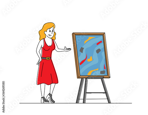Auctioneer Female Character Offer Masterpiece Picture for Auction Bidding. Woman Selling Art for Collectors. Process of Buying and Selling Goods by Offering Them Up for Bid. Linear Vector Illustration