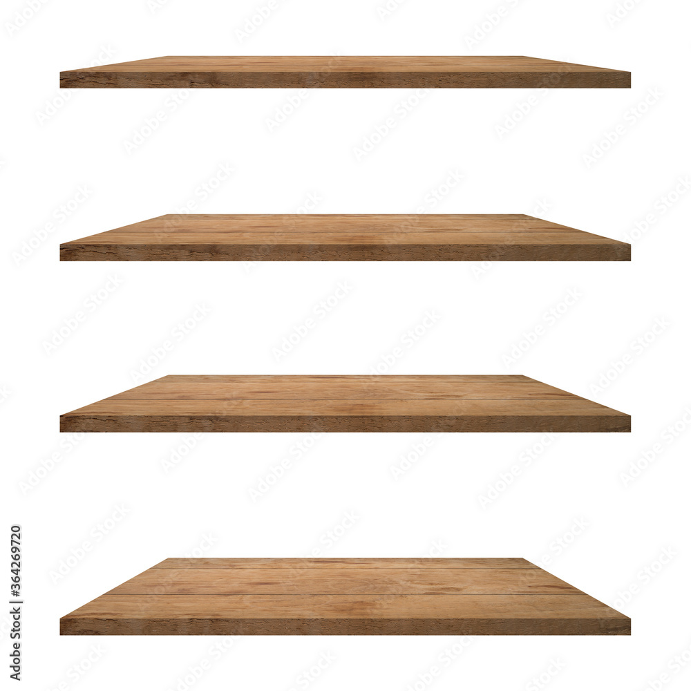 4 Wood shelves table isolated on white background and display montage for product. 4 Wood shelves table isolated on white background and display montage for product.