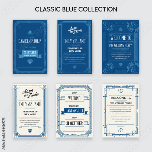 Set of Great Gatsby Style Invitation in Art Deco or Nouveau Epoch 1920's Gangster Era Collection. Trendy Classic Blue Color.