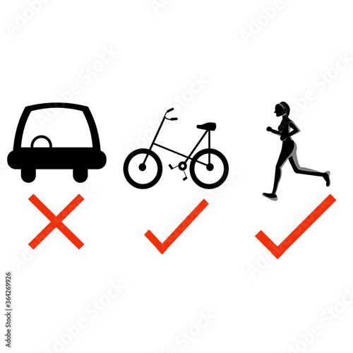 No car, ride bicycle and running or jogging  are correct , vector flat design concept ,idea for World car free day concept.
