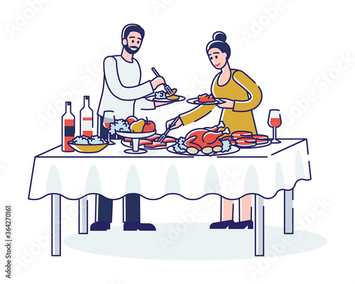 People on buffet dinner. Characters dining, taking food during banquet, celebration event or party