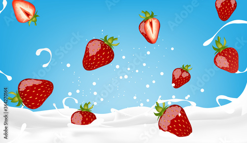 Splashing strawberry milk vector illustration