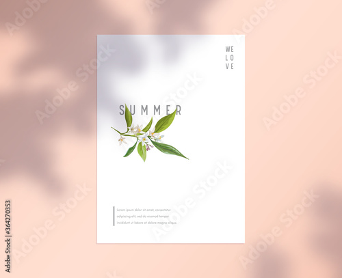 Stationary Template with Botanical Floral Design Elements on White Paper Sheet Background with Tree Branches and Leaves Shadow. Corporate Business Card Identity, Brand Design. Vector Illustration photo