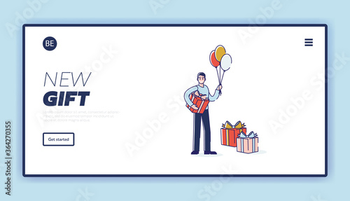 Giving presents concept for website landing page with man hold presents boxes and air balloons