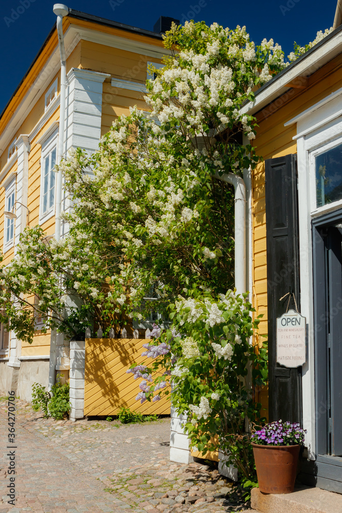 Porvoo, Finland - 3 June 2020: Beautiful street with shops and blooming flowers in old town of Porvoo