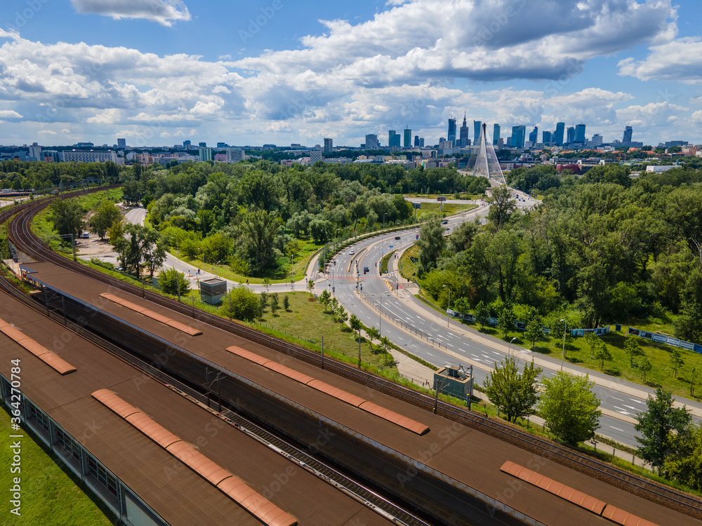 Warsaw, Poland. Aerial view of the city . stadion train station Warsaw, Poland. Aerial view of the city . stadion train station