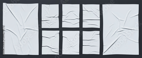 Mockup of white glued wrinkled poster. Big Set of vector realistic crumpled wet glued paper. Cool modern posters that are easy to edit and use in your presentation. Everything is grouped by layers