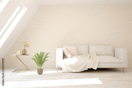 White living room with sofa. Scandinavian interior design. 3D illustration