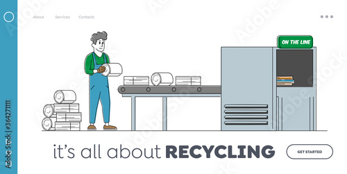 Garbage Manufacturing Landing Page Template. Worker Character at Factory Conveyor Belt with Old Carton Litter Turn into Clean Sheets. Paper Waste Recycling Process. Linear People Vector Illustration