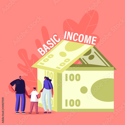 Property Insurance, Universal Basic Income Concept. Happy Family Characters Stand front of Cottage Made of Money Bills. Mother, Father and Little Baby Holding Hands. Cartoon People Vector Illustration