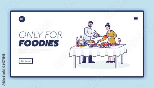 Buffet dinner banquet serving landing page with cartoon characters taking food from served table