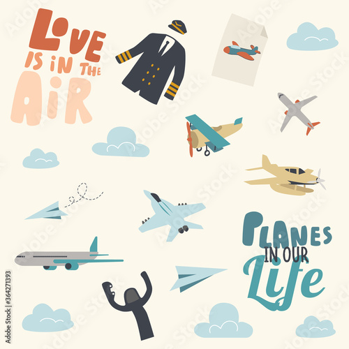 Set of Various Airplanes, Creative Ornament with Passenger, Military and Paper Planes Flying in Air. Pilot Uniform, Steering Wheel and Retro Aircraft among Clouds, Print. Linear Vector Illustration