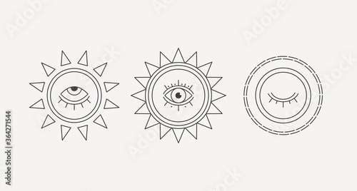 Outline Suns with Eyes. Abstract Sun phase. Minimalistic Icons. Astrology esoteric mystic concept. Elegant geometric design. Trendy Vector illustration. Print idea. All elements are isolated