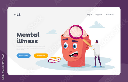 Psychiatric Clinic Landing Page Template. Tiny Doctor Character with Huge Magnifying Glass Learning Diseased Human Brain, Patient with Mental Problem Medical Support. Cartoon Vector Illustration
