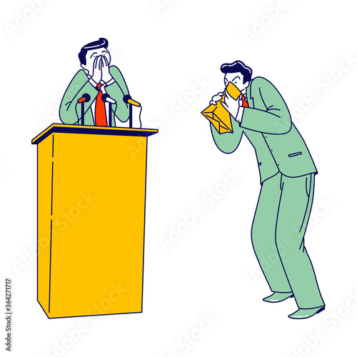 Panic Attack in Public Place. Businessman Character Having Panic Disorder on Tribune Breathing in Paper Bag. Psychology, Fear or Mental Health Problems Concept. Linear People Vector Illustration