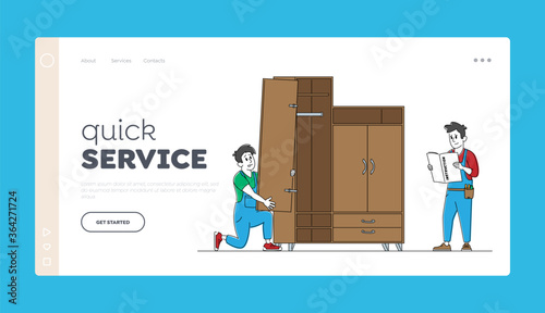 Furniture Maker Profession and Service Landing Page Template. Handymen Read Instruction for Assembly Furniture, Worker Characters with Tools Assembling Cabinet. Linear People Vector Illustration