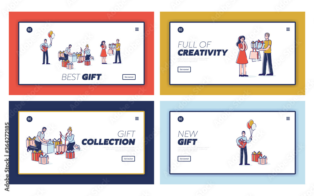 Set of landing pages with people presenting gifts. Template holiday presents website homepage