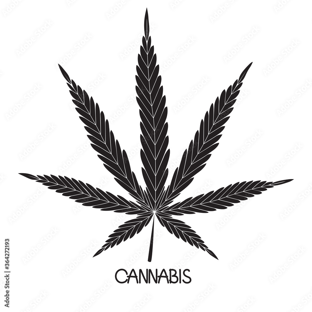 Cannabis leaf and manual lettering. Isolated icon, logo on a white background. Black flat silhouette. Cannabis leaf and manual lettering. Isolated icon, logo on a white background. Black flat silhouette.