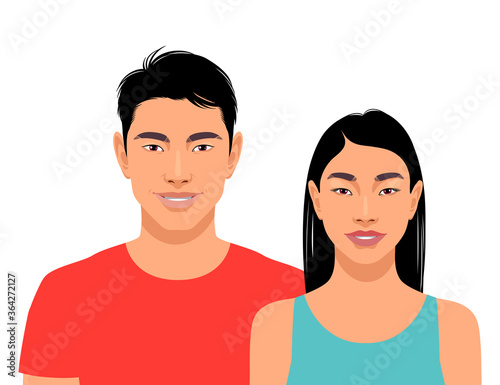Cute smiling asian men and woman