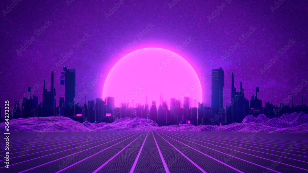 RETRO CITY SKYLINE: Neon glowing sun and starry sky | Synthwave / Retrowave / Vaporwave Background | 3D Illustration