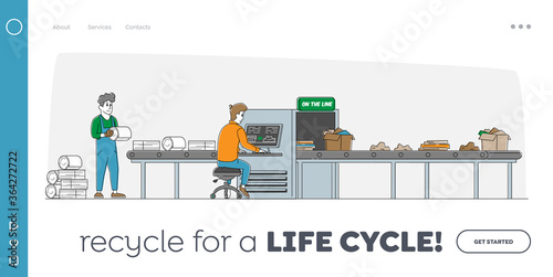 Garbage Manufacturing Landing Page Template. Paper Waste Recycling Technological Process. Worker Characters Select, Sort Carton Litter at Factory Conveyor Belt. Linear People Vector Illustration