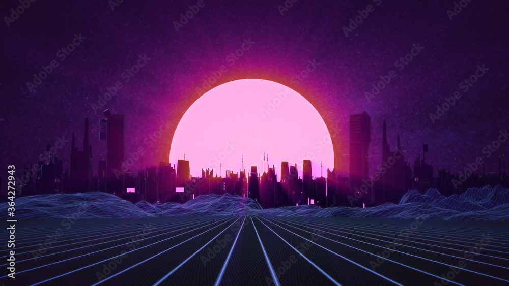 RETRO CITY SKYLINE: Neon glowing sun and starry sky | Synthwave / Retrowave / Vaporwave Background | 3D Illustration - obrazy, fototapety, plakaty 