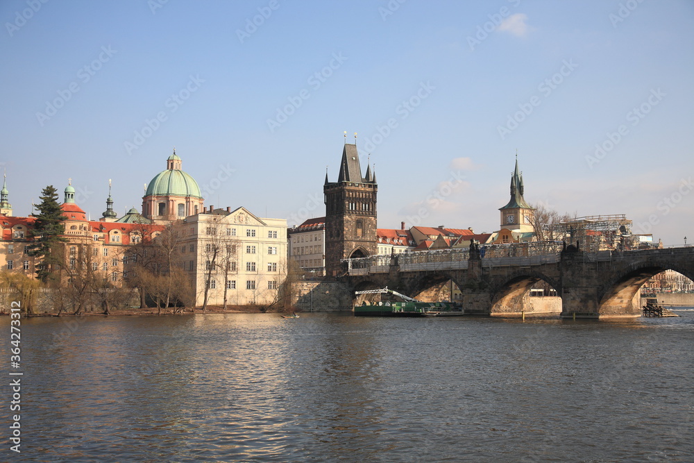The romantic Vltava river,  the beautiful Charlies Bridge and other historic buildings in Prague, Czech Republic